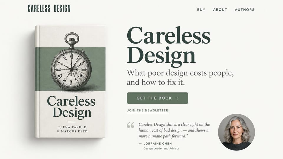 Author website design, single nonfiction book with an endorsement: cream page, a sage cover with a pocket watch, a dark green serif title and a reviewer portrait