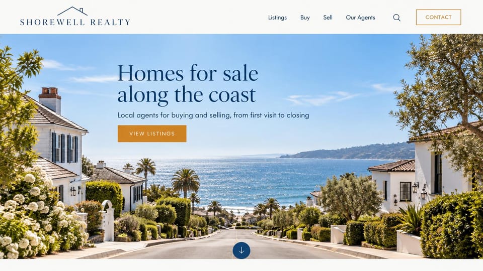 Real estate website design, coastal agency in bright daylight: white houses on a sunny street sloping to the sea, a navy serif headline and a gold button