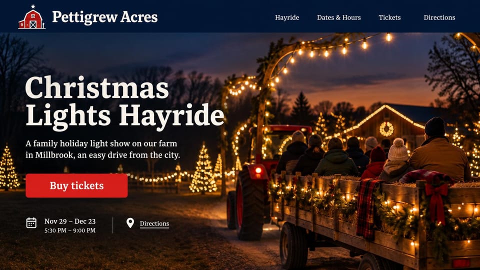 Event website design, christmas lights hayride on a family farm: navy header with a red barn logo, night photo of a tractor pulling a hay wagon under glowing arches toward a lit barn, white serif headline, red ticket button