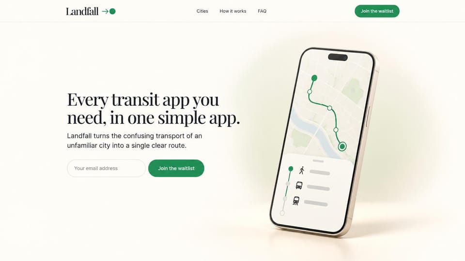 Coming soon website design, simple app waitlist with a phone mockup: cream page, serif headline on the left, email field with a green button, a phone showing a route map on the right