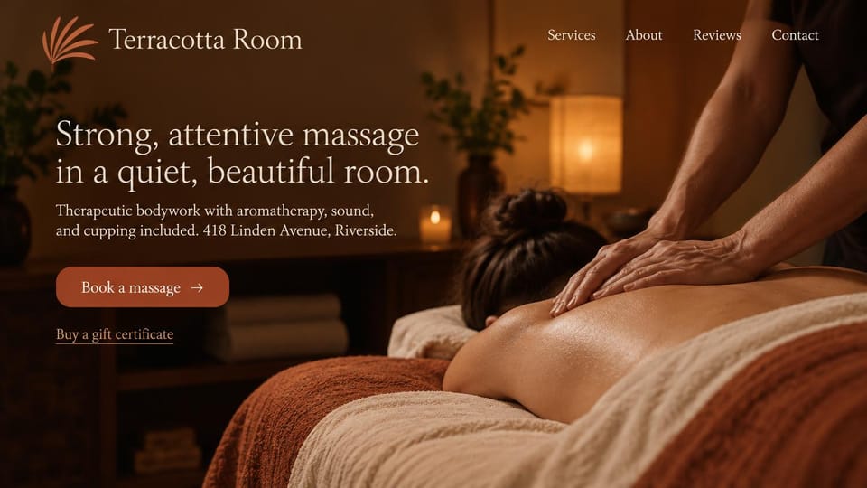 Massage therapist website design, therapeutic bodywork in terracotta lamplight: dark amber photo of hands working a client's back on rust and cream towels, a cream serif headline, a rust button and a gift link