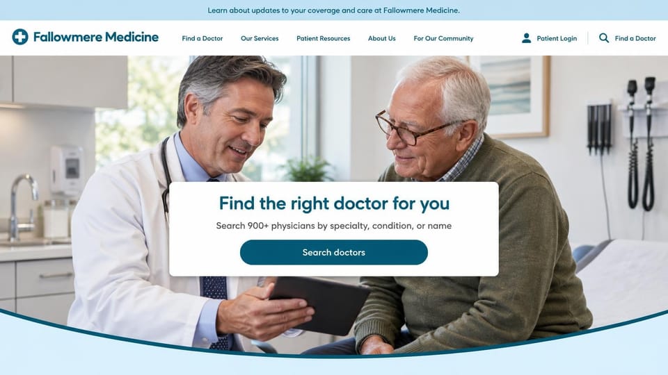 Medical practice website design, health system with a doctor search: a doctor showing a tablet to an older man, a white search card in the center and a pale blue curve