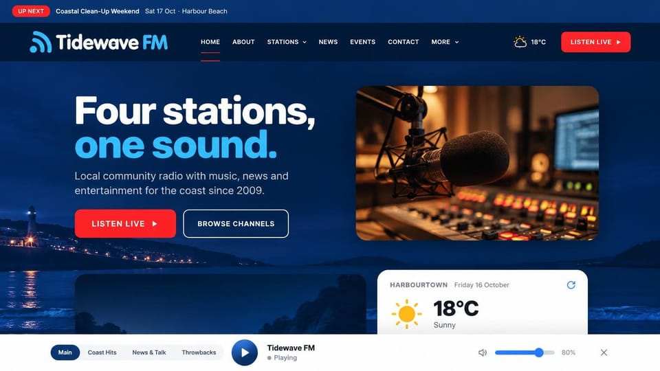 Radio station website design, coastal radio with several stations and local weather: deep navy page over a night coastline, white and bright blue headline, a red listen button, a studio microphone photo, a white weather card and a white player bar with channel tabs