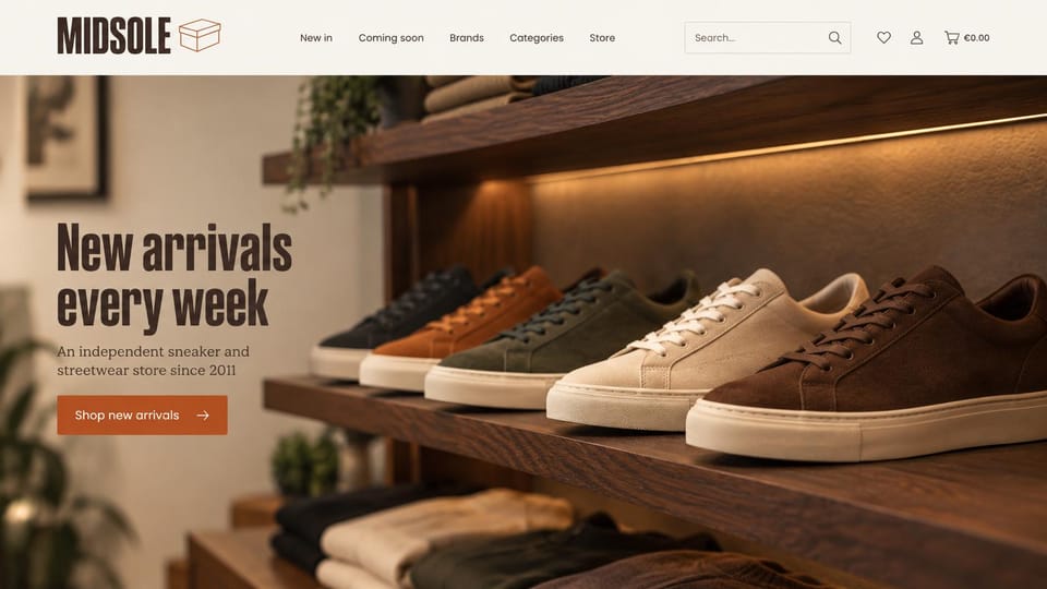 Fashion website design, sneaker store with shoes on lit wooden shelves: cream header with a condensed logo, sneakers in tan, green, rust and navy on lit wooden shelves, a large dark condensed headline and a rust button
