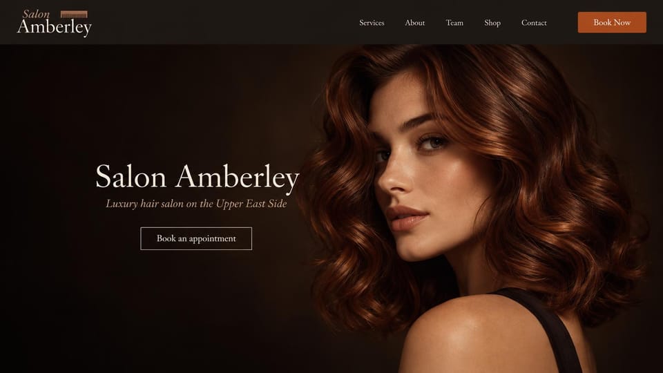 Salon website design, luxury hair salon with a beauty portrait: deep brown and black, a woman with glossy auburn curls beside a cream serif name