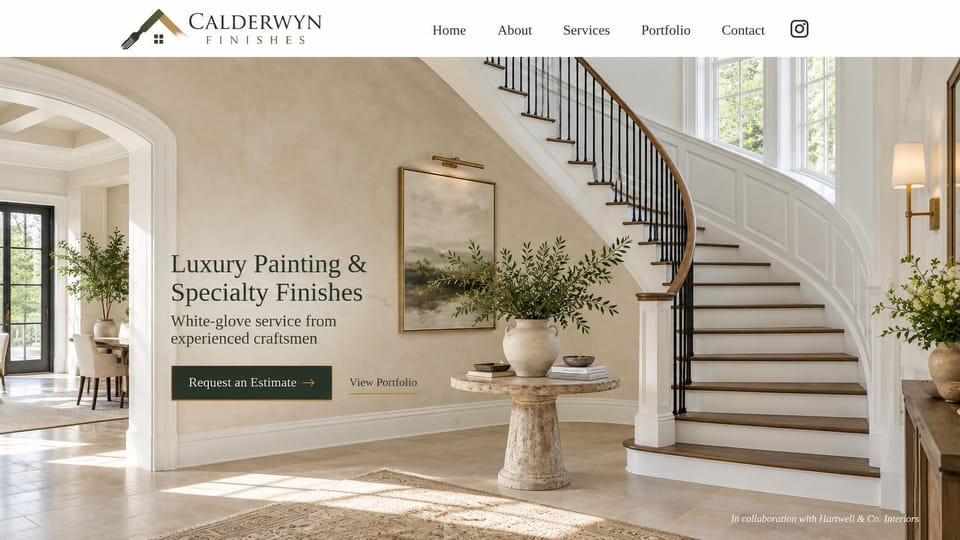 Painting website design, luxury painting and specialty finishes, light and quiet: sunlit entry with a curved staircase and plaster walls, a dark green serif headline, a dark green estimate button and a portfolio link