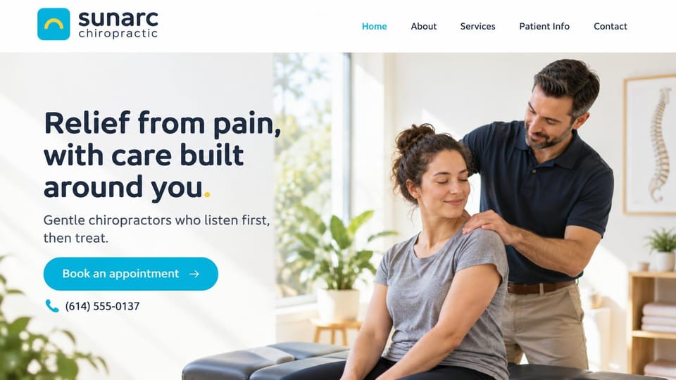 Chiropractor website design, gentle chiropractic, bright and airy: white header with a turquoise logo, a navy headline on a bright sunlit room, a chiropractor's hands on a seated woman's shoulders, a turquoise button