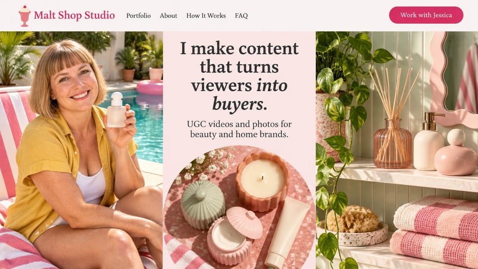 UGC portfolio website design, beauty and home UGC in retro pink: blush pink page, dark serif headline, a woman holding a bottle by a pool, pastel candles and bath products
