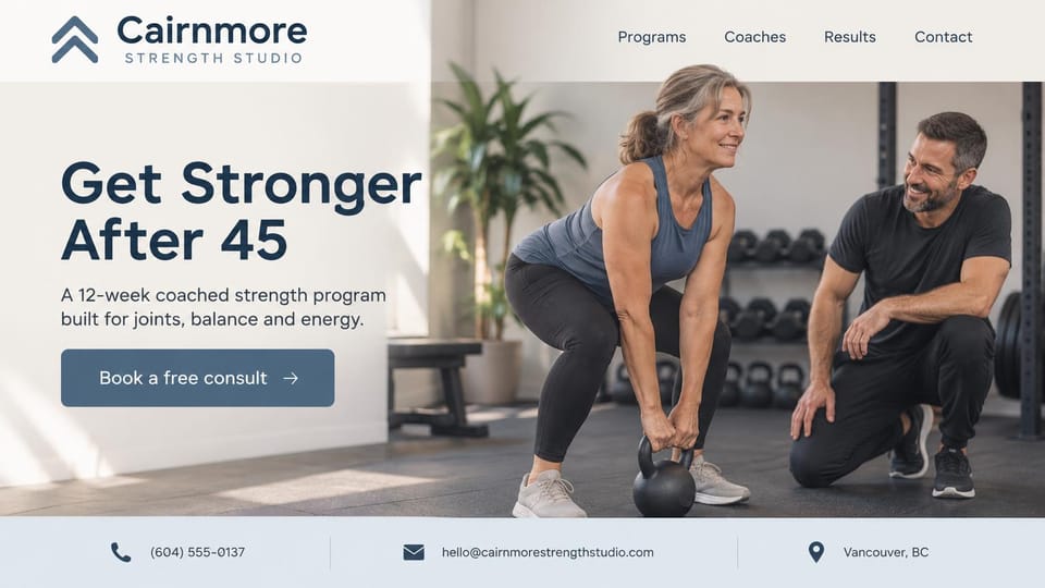 Personal trainer website design, joint-friendly strength program with a contact strip: white page with slate blue type, a large headline, a slate consult button, a smiling older woman lifting a kettlebell beside a kneeling coach, a pale blue contact strip
