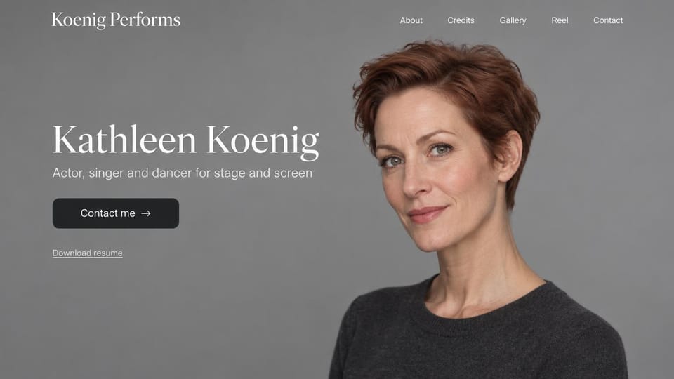 Actor website design, actor, singer and dancer on soft gray: muted gray page, a large white serif name, a dark contact button, a resume link and a headshot of a woman with short auburn hair