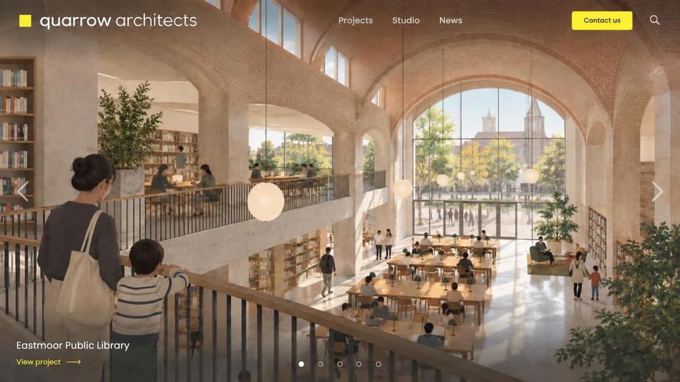 Architecture website design, civic interiors in a warm, painterly slider: warm, painterly view of an arched brick library hall with a mother and child at a balcony rail, white wordmark, yellow contact button, slider arrows