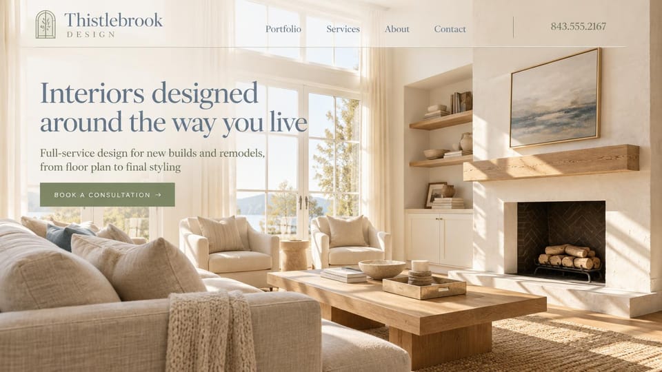Interior design website design, new builds and remodels, bright and airy: a sunlit cream living room with a stone fireplace and lake view, a slate blue serif headline and a sage consultation button