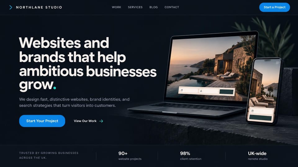 Agency website design, web and brand studio with a laptop mockup: near-black page, a white sans headline, a blue button and a laptop and phone showing a villa website