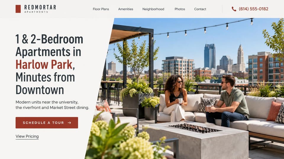 Apartment website design, near-downtown apartments with a rooftop split screen: warm white page, a tall condensed charcoal headline with the neighborhood in brick red, a brick red tour button and a rooftop lounge with a couple, string lights and a skyline