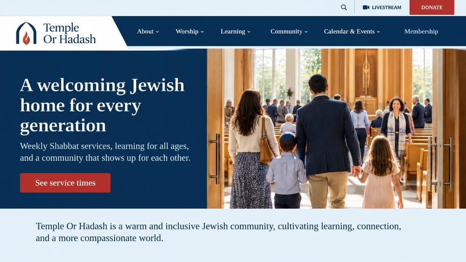 Church website design, synagogue in navy and red: navy panel with a white serif headline and a red button beside a family entering a sanctuary