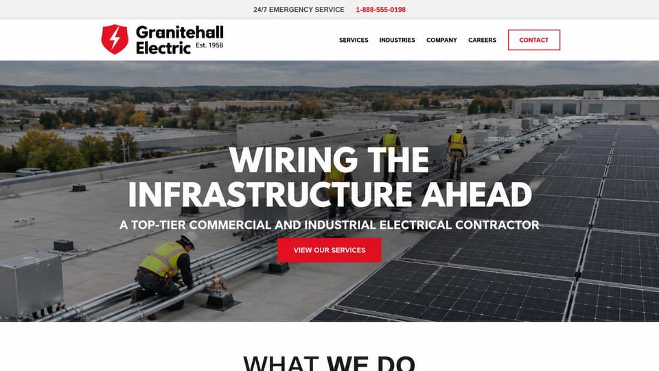 Electrician website design, industrial contractor with a rooftop solar install: a light gray top bar with a red emergency number, a white header with a red shield logo, electricians running conduit beside rooftop solar panels, a centered white headline and a red button
