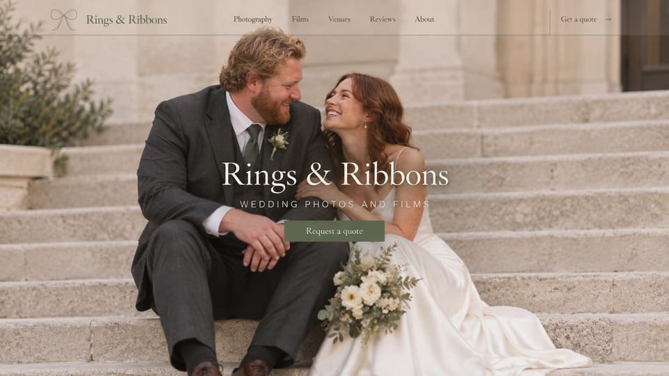 Wedding photographer website design, wedding photos and films with a centered name: pale stone steps with a smiling couple seated together, a centered white serif name with spaced capitals below, a sage green button