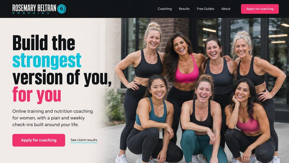 Personal trainer website design, online training for women with a group photo: white page under a dark menu bar, a huge condensed black, cyan and pink headline, a pink apply button, seven smiling women in sports bras outside a gym