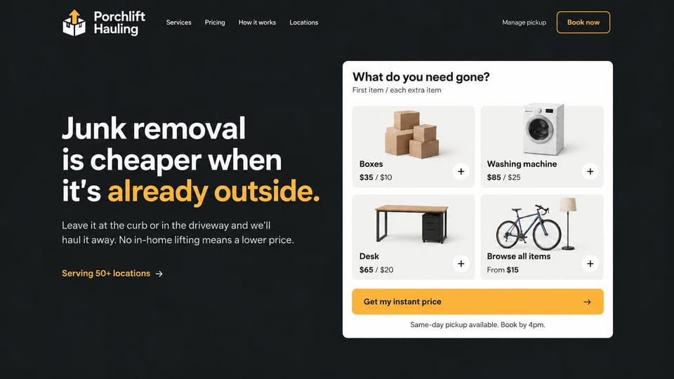 Junk removal website design, curbside pickup with item prices on the first screen: charcoal page, a white and golden yellow headline, a white card of item photos with prices and a yellow price button