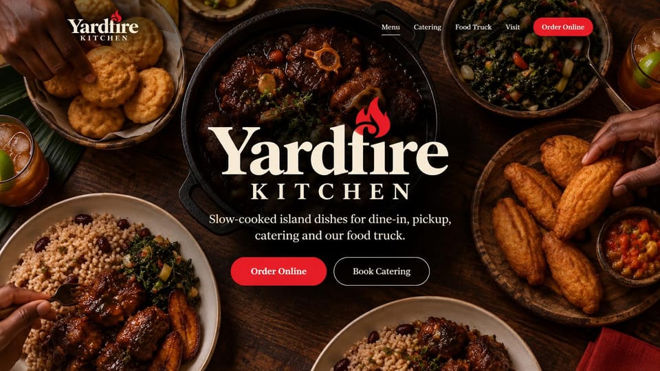 Restaurant website design, caribbean kitchen with a truck and catering: overhead spread of island dishes on wood, a white and red logo centered with red and outlined buttons
