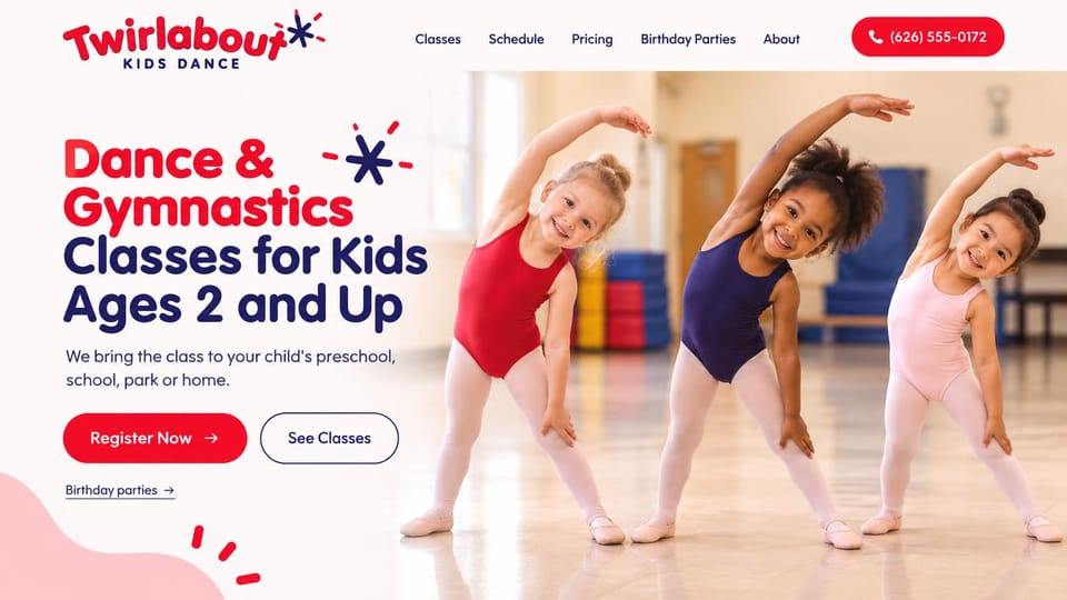 Dance studio website design, mobile kids dance and gymnastics: white page with pink shapes, a bold red and navy headline, small children in leotards stretching in a bright studio, a red register button and a red phone pill