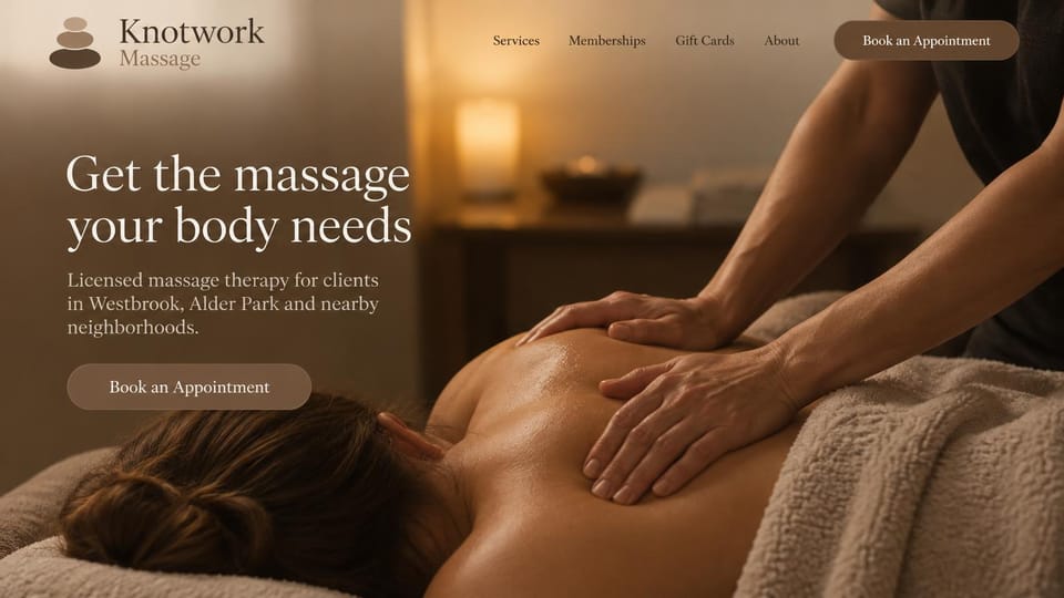 Massage therapist website design, massage for nearby neighborhoods in warm brown: warm brown photo of a back massage, a large cream serif headline at left and a brown pill button