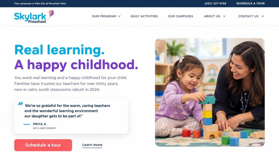 Daycare website design, preschool with a parent quote up front: white page, cyan and purple headline, a quote card and a rounded photo of a girl stacking blocks with a teacher