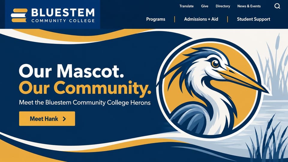 School website design, community college with an illustrated mascot: navy and gold waves, a large illustrated heron in a circle beside a bold white and gold headline