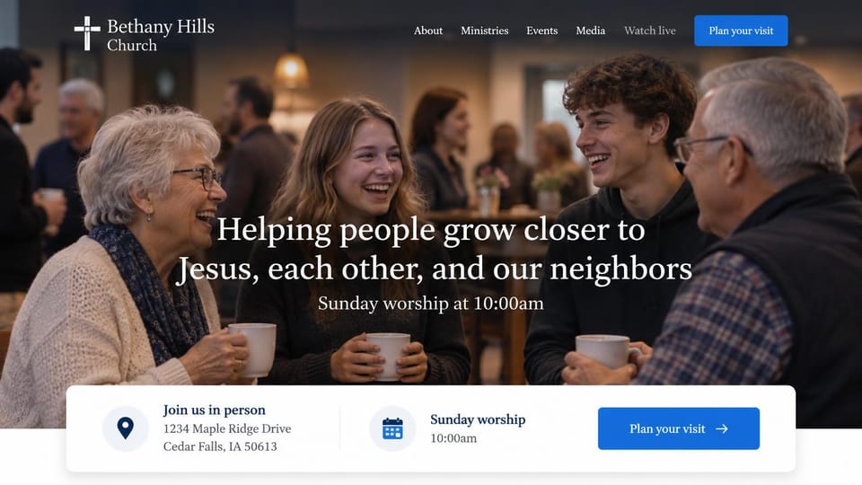 Church website design, church with a visit card under the hero: people sharing coffee after church, centered white serif headline, a white card with address and time