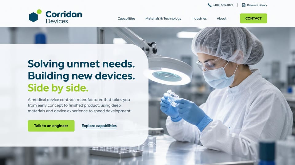 Manufacturing website design, medical device contract manufacturing in a clean room: white header, a pale clean room photo of a technician in a hairnet and mask inspecting a clear part under a magnifier lamp, a navy and lime headline on a frosted panel, a lime button
