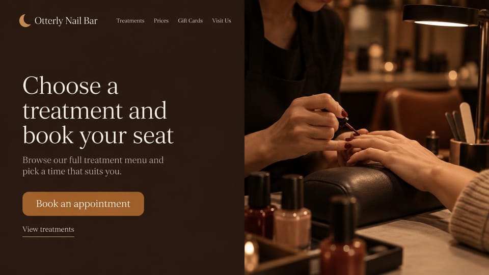 Nail salon website design, nail bar with the treatment menu first: deep brown panel, a large cream serif headline, a copper button and a warm close-up of a tech painting dark red polish under a lamp