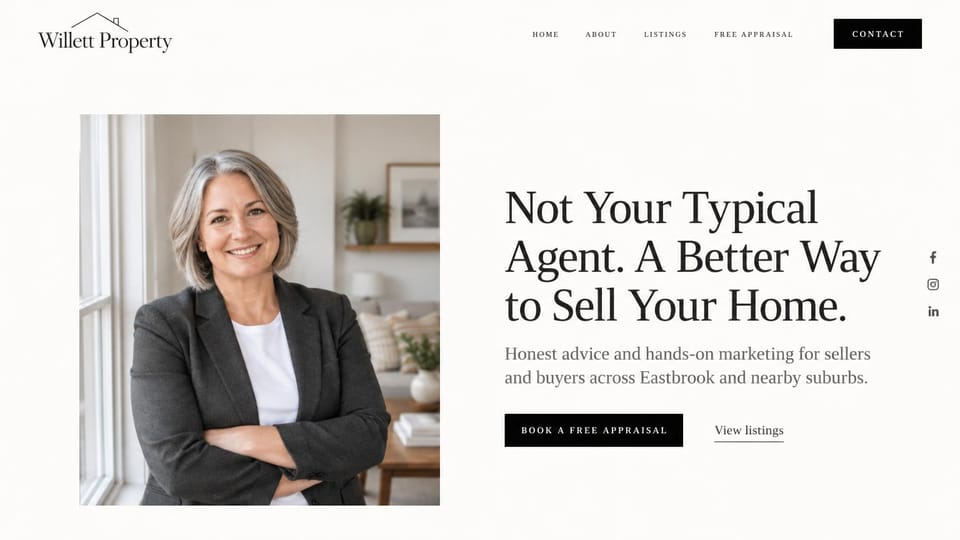Real estate website design, listing agent with a free appraisal offer: white page, a framed portrait of an agent in a blazer beside a black serif headline and a black button