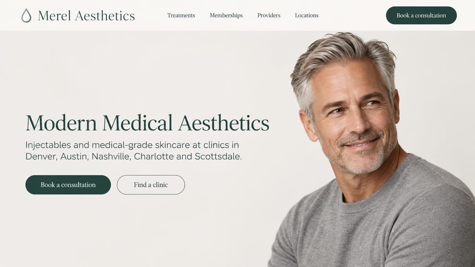 Spa website design, med spa group with a clinic finder: warm off-white, a smiling gray-haired man on the right, a dark green serif headline and two buttons