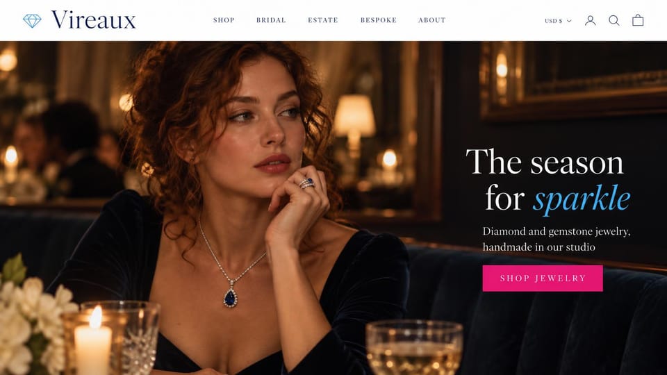 Jewelry website design, diamond and gemstone jewelry in a candlelit lounge: white header with a navy serif wordmark and blue diamond outline, a woman in black velvet with a sapphire pendant and ring in a candlelit lounge, white serif headline with a blue italic word, hot pink shop button