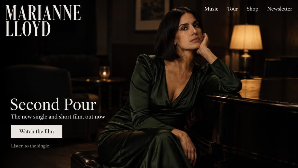 Musician website design, singer with a short film to watch: a dim lounge, a woman in green beside a lamp, a large serif name and a white watch button