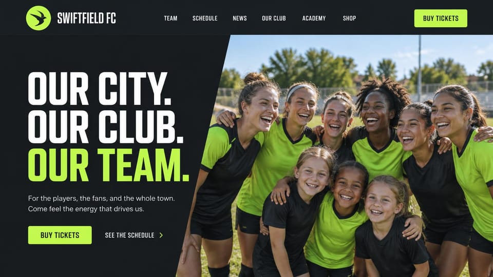 Sports team website design, women's and girls' soccer in lime and black: black page, a stacked white and lime headline and a lime button beside a slanted photo of women and girls in lime and black kits
