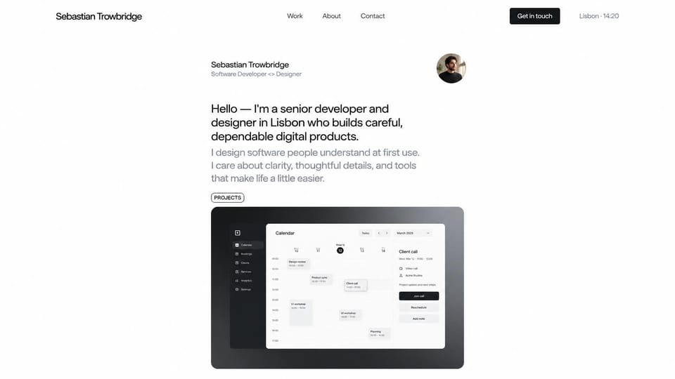 Developer portfolio website design, developer and designer with a product preview: white page, a small round portrait, a black and gray intro and a dark framed calendar app preview