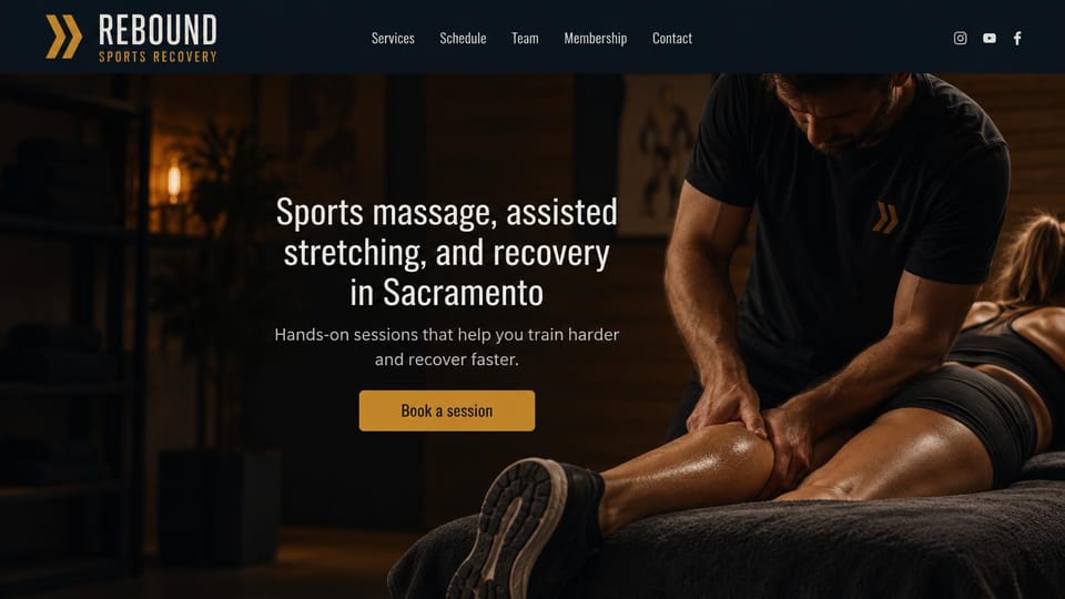 Massage therapist website design, sports massage and stretching, dark and bold: near-black page, a condensed white headline, a gold button and a therapist working on an athlete's calf