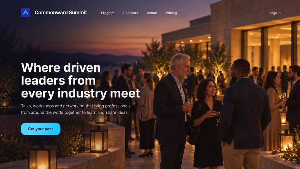 Event website design, leadership summit on a terrace at dusk: dusk photo of guests networking on a stone terrace with lanterns, a large white headline and a cyan pass button