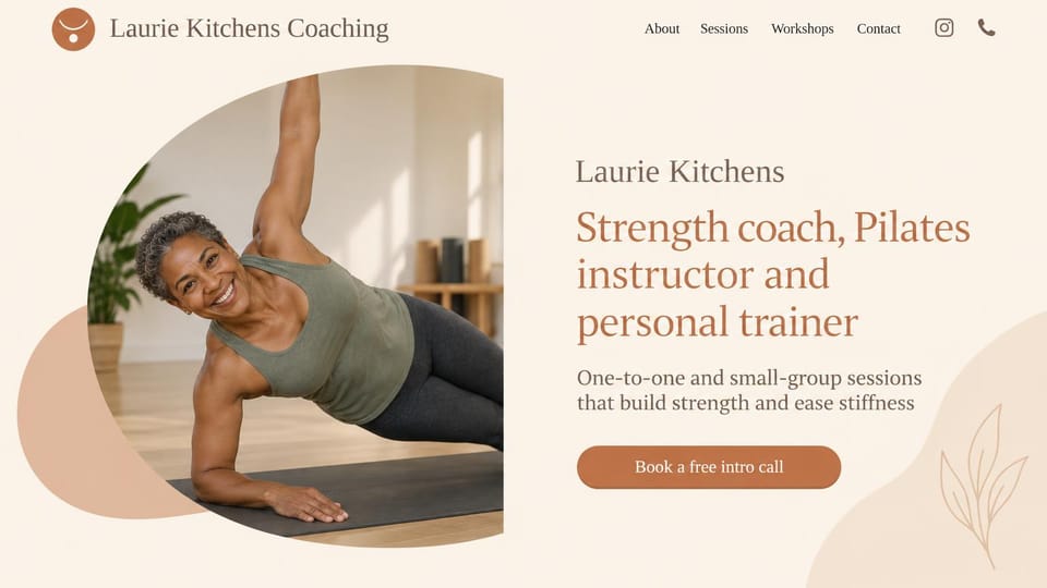 Personal trainer website design, strength and Pilates coach in terracotta serif: cream page with peach shapes and a line-drawn leaf, a rounded photo of a gray-haired woman in a side plank on a mat, a terracotta serif headline, a terracotta intro call button