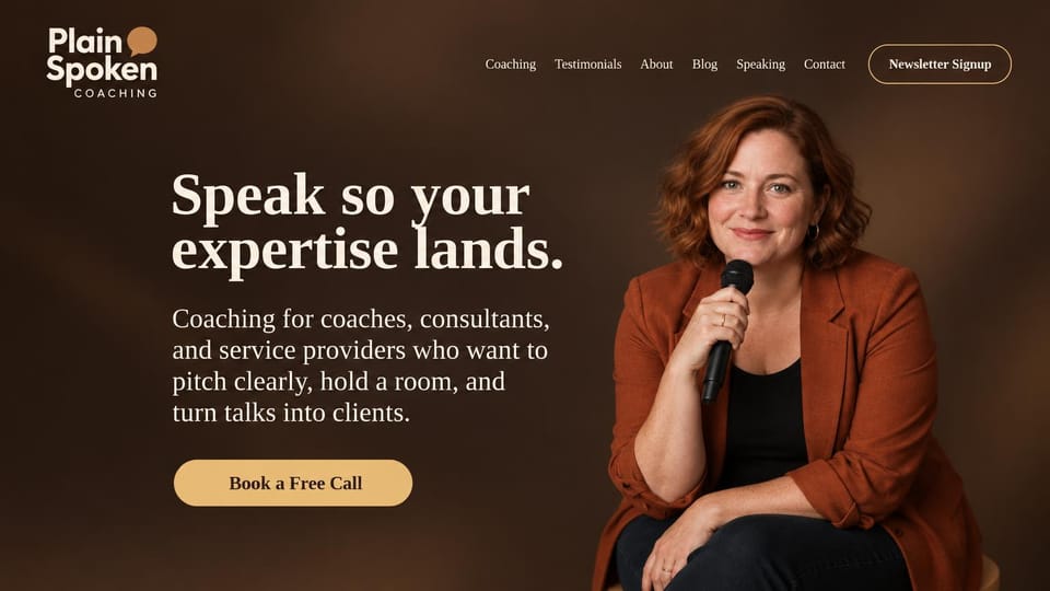 Coaching website design, speaking coach for consultants: warm brown page, a cream serif headline, a gold button and a smiling coach holding a microphone