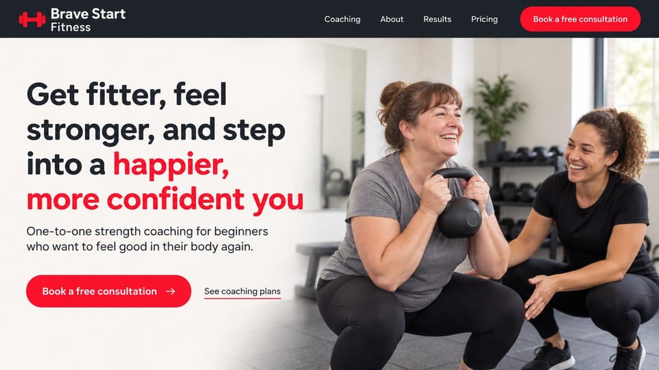 Personal trainer website design, beginner strength coaching with a joyful kettlebell squat: black menu bar over a white page, a dark and red headline, a red consultation button, a laughing woman doing a kettlebell squat beside a smiling female trainer in a bright studio