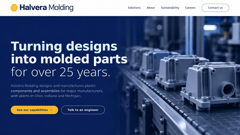 Manufacturing website design, plastic parts maker with its plants named: white header with a yellow hexagon logo, a navy hero with a large white headline, a yellow and an outlined button, a photo of molded parts on a conveyor
