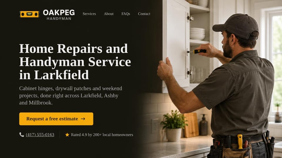 Handyman website design, small-town handyman, dark with a classic serif: near-black panel, a large cream serif headline, a yellow estimate button, a phone and rating line, a handyman adjusting a kitchen cabinet hinge