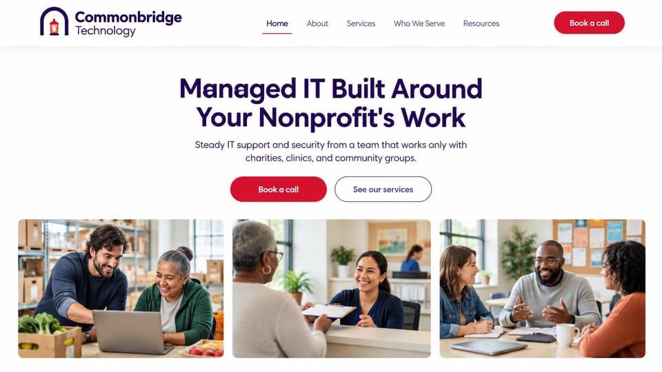 IT company website design, managed IT for nonprofits with three photos: white page, deep purple centered headline, red and outlined buttons, three photos of people at work in a food bank, a clinic and a community office