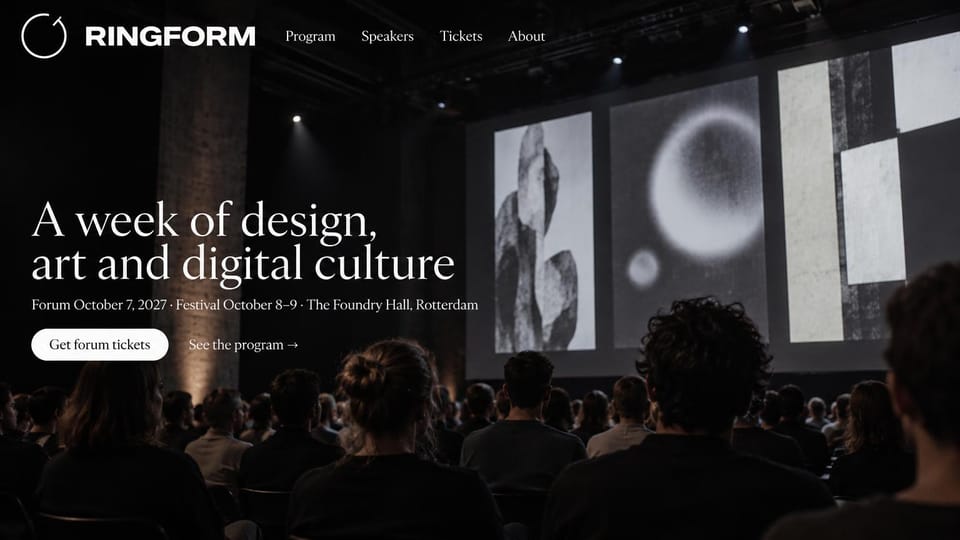 Event website design, design and digital culture week in a dark hall: dark photo of an audience before large abstract art projections, white serif headline, white ticket button