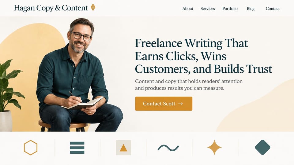 Writer website design, content and copy business with a results promise: warm white page with mustard shapes, a dark teal serif headline, a mustard contact button, a seated man with a notebook and a row of abstract marks