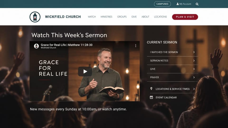 Church website design, church built around the weekly sermon: teal header, a sermon video of a pastor holding a Bible beside a list of sermon links