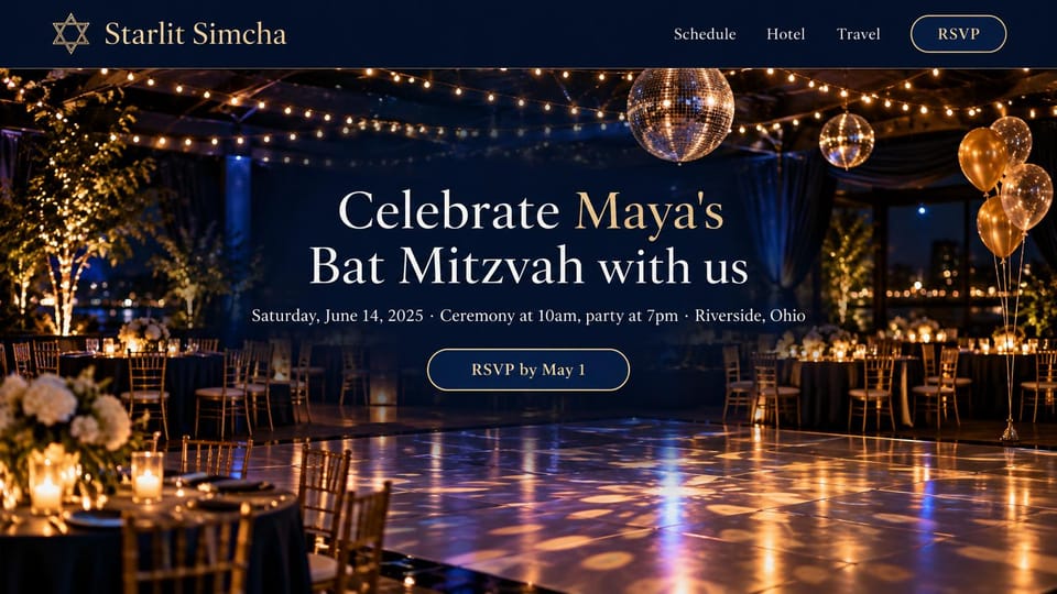 Event website design, bat mitzvah party in a glowing ballroom: navy bar, photo of a candlelit ballroom with disco balls, gold balloons and a lit dance floor, white and gold serif headline, outlined RSVP button