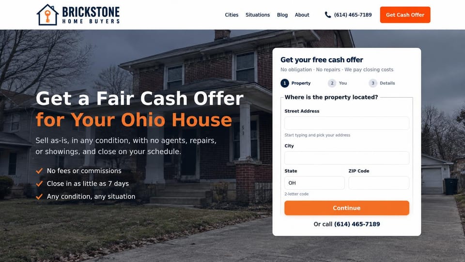Landing page website design, cash home buyer with a three-step offer form: overcast photo of an old brick house, a white and orange headline with a checklist, and a white three-step form card